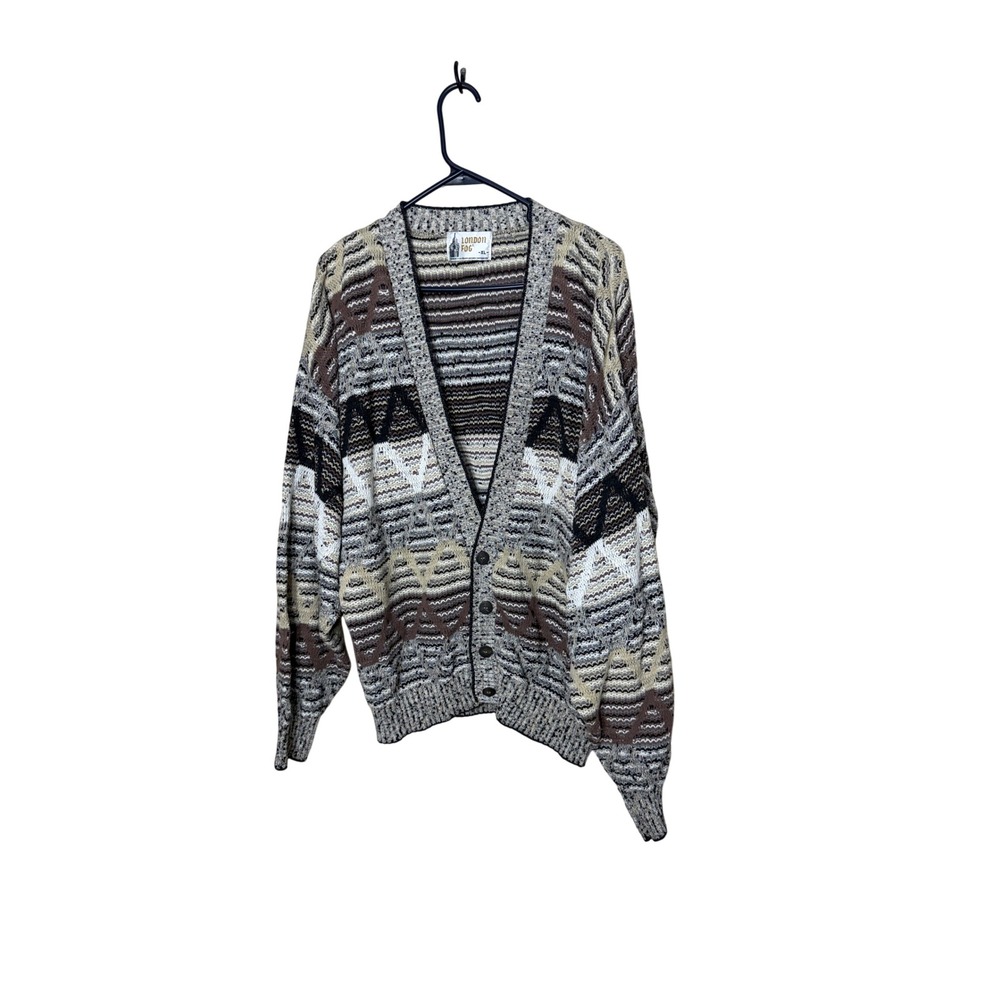 London Fog Vintage Mens XL Cardigan Sweater Geometric Zig Zag Brown Grey USA